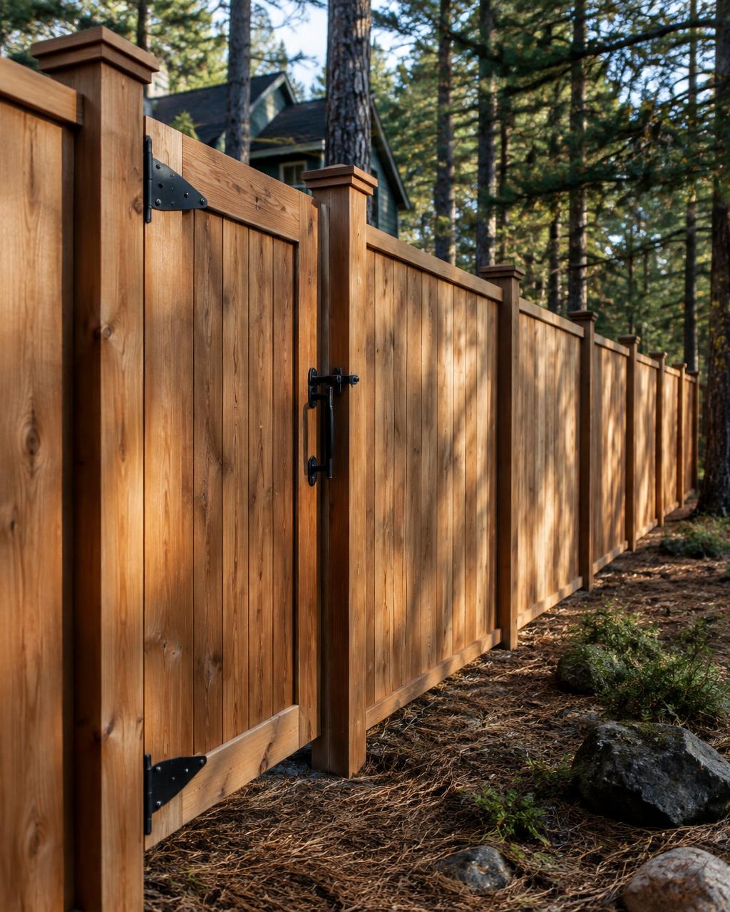 New cedar privacy fence with black steel gate hardware