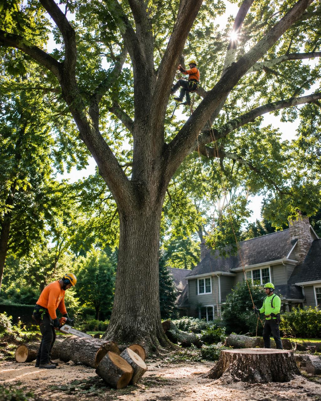 Tree service crew working safely around a mature residential tree